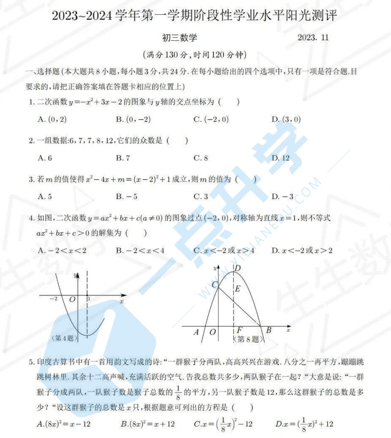 2023-2024学年苏州市张常昆太初三上数学期中测试（2023.11）（含参考答案+部分解析）