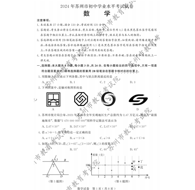 2024年苏州市中考数学试题+参考答案